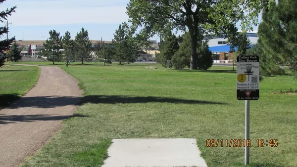 Dalby Memorial Park: Hole 3 · Tee pad · Sep 2016, photo by jeff Balthazore
