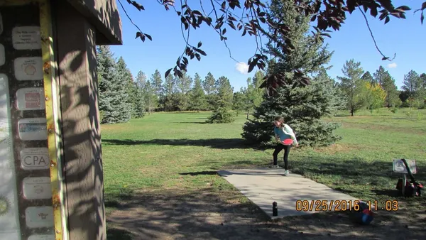 Energy Rotary Club Disc Golf Course: Hole 3 · Tee pad · Sep 2016, photo by jeff Balthazore