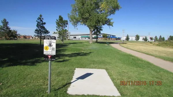 Dalby Memorial Park: Hole 6 · Tee pad · Sep 2016, photo by jeff Balthazore